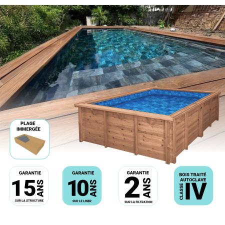 Piscine Bois Rectangulaire Luxe avec Plage immergée + Escalier 620x420x145cm Pierre de Bali