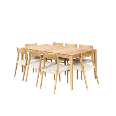 Ensemble Table 6/8 places avec 8 chaises CALVI en Teck et cordage Beige
