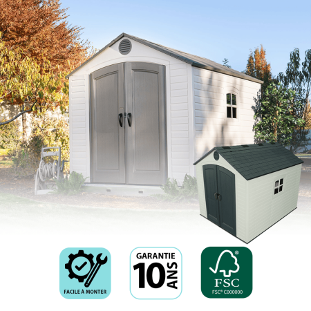 Abri résine PEHD imitation bois grand volume avec plancher et toit 2 pentes / 7,44 m2