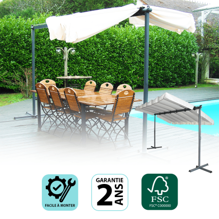 Pergola marquise 3,60 x 2,50 m finition époxy gris avec toile pivotante et extensible / Surf. : 9 m2 / toile polyester 200 gr/m2 