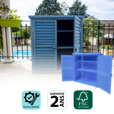 Armoire de rangement lasurée couleur bleue équipée de 3 étages / dim. 87x46,5xH95 cm / 0,40 m2