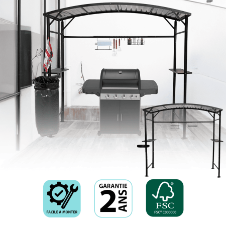 Carport barbecue finition époxy gris / toit réalisé en acier / pieds à rattrapage de niveau et accessoires barbecue