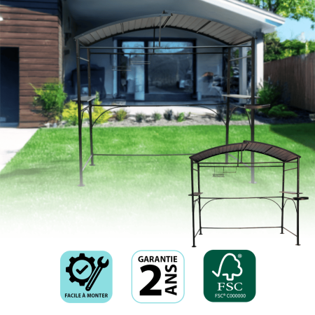 Carport barbecue à double toit finition époxy gris / toit réalisé en acier galvanisé / pieds à rattrapage de niveau et accessoires barbecue