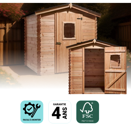 Abri Madriers en douglas massif / 20 mm / Toit double pente couverture plaques ondulées Onduline / surf. ext. : 4,71 m2