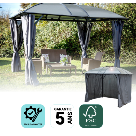 Pergola gloriette aluminium Anthracite avec Rideaux et Toit Polycarbonate