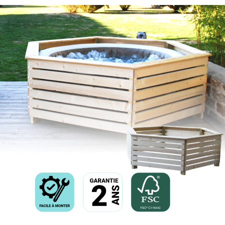 Habillage bois hexagonal pour spas et piscines gonflables / largeur extérieure 2,35 m x largeur intérieure bord à bord 1,84 m x hauteur 0,71 m