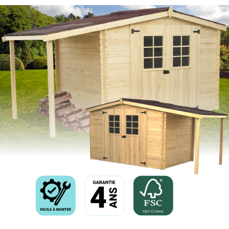 Abri Madriers bois massif avec bûcher / 28 mm / surf. ext. abri + bûcher : 9,49 m2