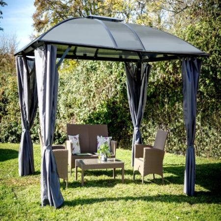 Pergola gloriette aluminium Anthracite avec Rideaux et Toit Polycarbonate